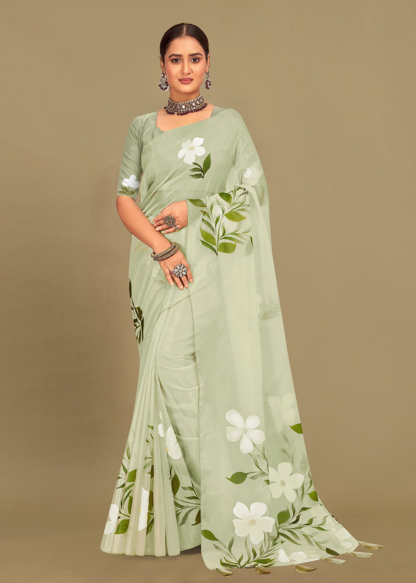 Mint Green Organza Saree with Hand-Painted Floral Designs, Glittering Crystal Work and Tassels - Titli Print 15035 Mint Green Front View