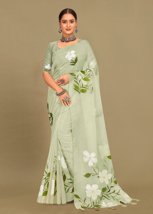 Mint Green Organza Saree with Hand-Painted Floral Designs, Glittering Crystal Work and Tassels - Titli Print 15035 Mint Green Front View