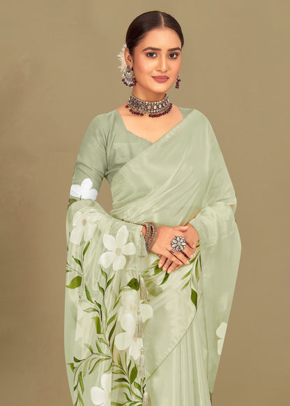 Mint Green Organza Saree with Hand-Painted Floral Designs, Glittering Crystal Work and Tassels - Titli Print 15035 Mint Green Zoom View