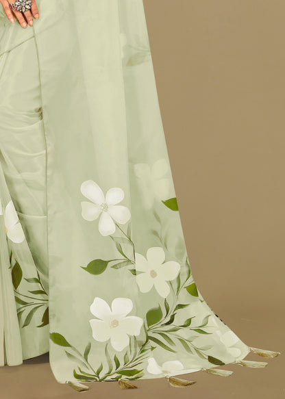 Mint Green Organza Saree with Hand-Painted Floral Designs, Glittering Crystal Work and Tassels - Titli Print 15035 Mint Green Pallu View