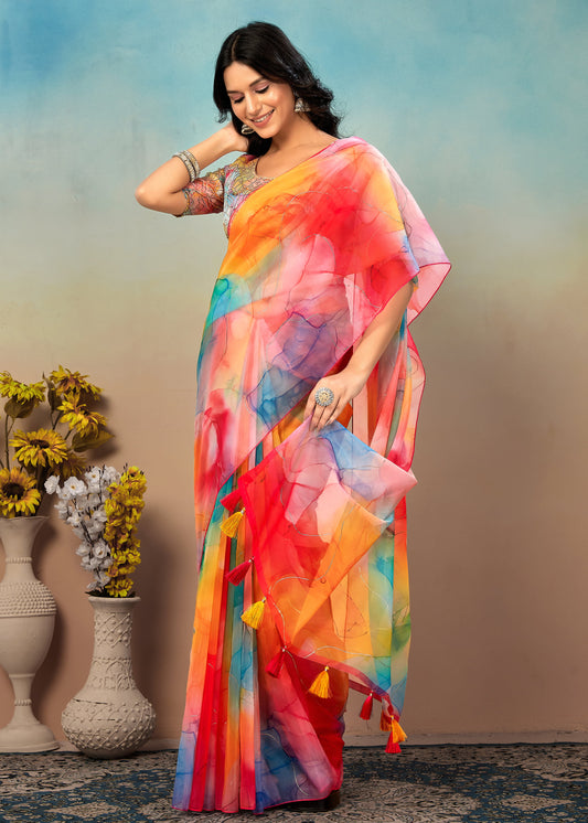 Multicolor Abstract Printed Organza Saree Adorned with Elegant Pitta Embroidery Work - Yamuna Prints 3227 Multicolor 1