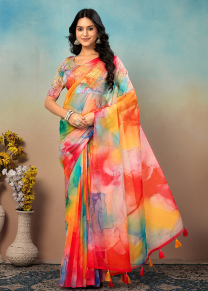 Multicolor Abstract Printed Organza Saree Adorned with Elegant Pitta Embroidery Work - Yamuna Prints 3227 Multicolor 3