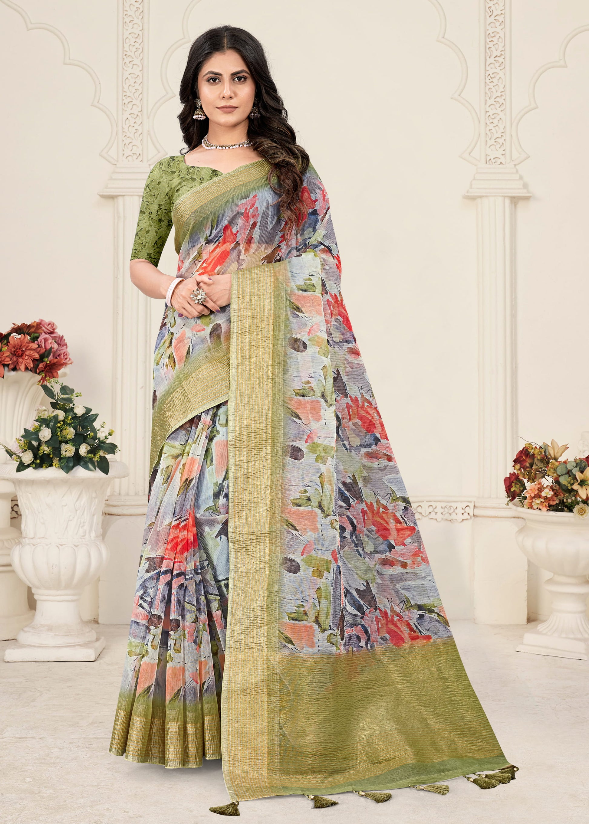 Multicolor Crushed Silk Saree with Digitally Printed Floral Patterns and Zari Embellished Border - Crush Prints 9103 Multicolor Front View