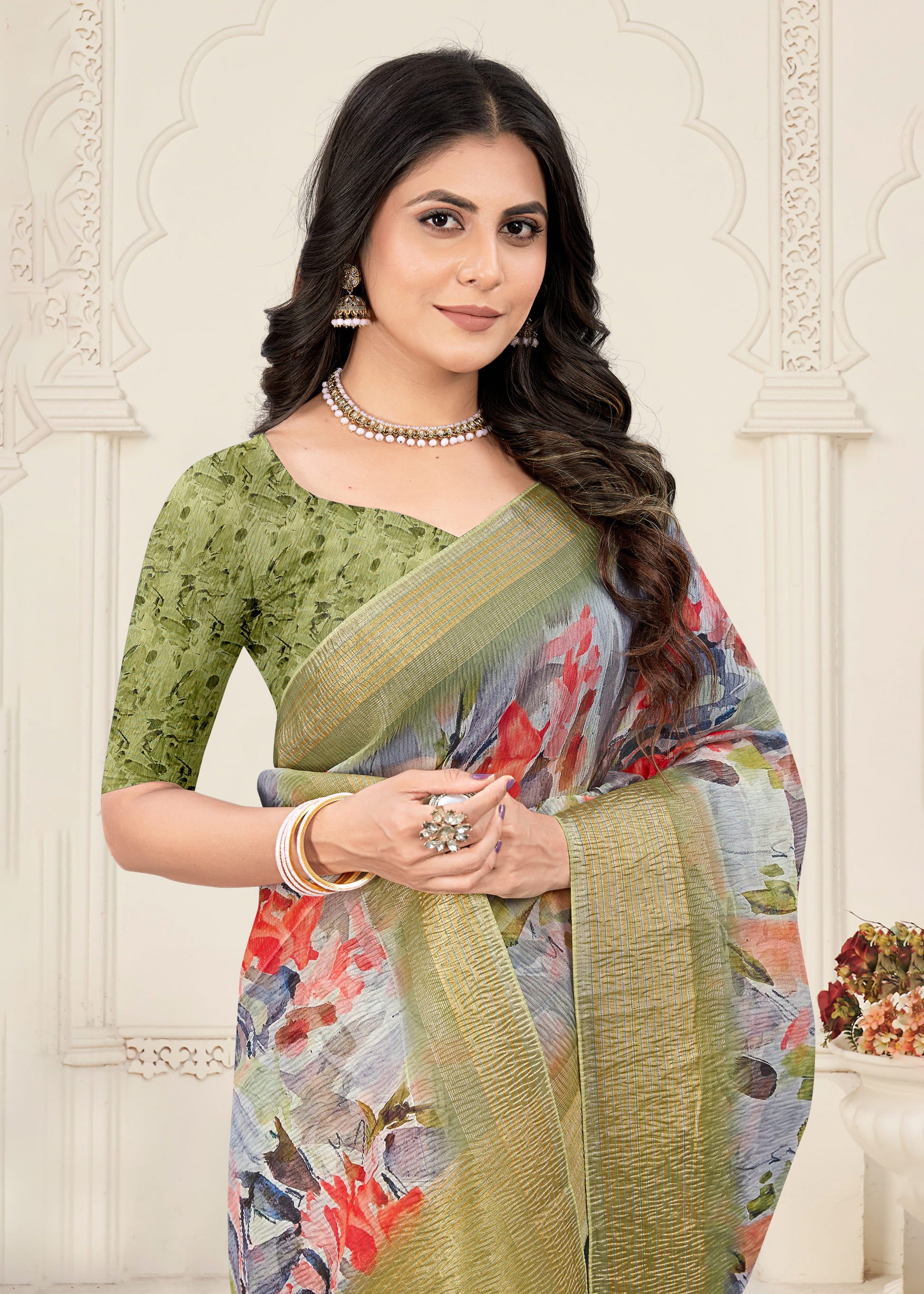 Multicolor Crushed Silk Saree with Digitally Printed Floral Patterns and Zari Embellished Border - Crush Prints 9103 Multicolor Side View