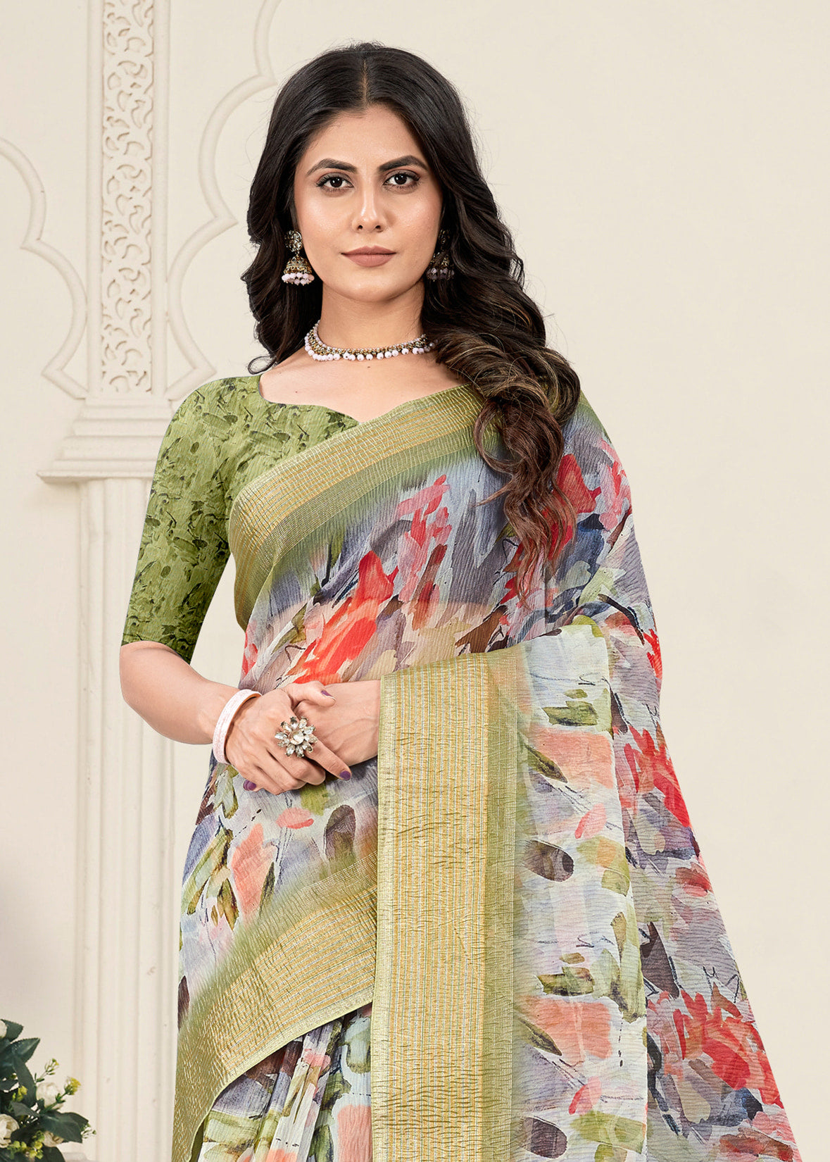 Multicolor Crushed Silk Saree with Digitally Printed Floral Patterns and Zari Embellished Border - Crush Prints 9103 Multicolor Zoom View