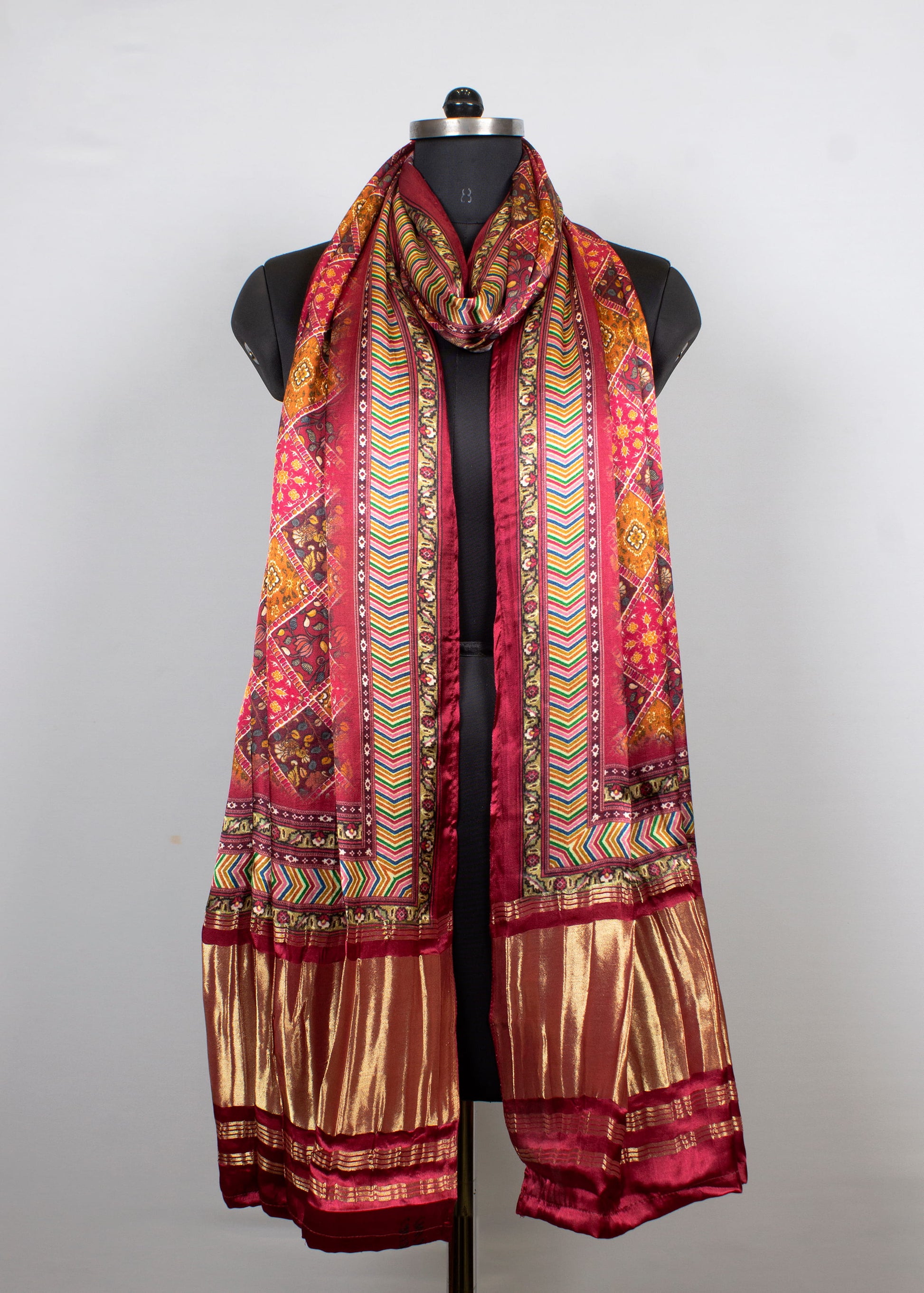 Multicolor Ethnic Motif Digital Printed Gaji Silk Dupatta with Zari Woven Lagdi Patta Border - Pure Gaji Silk Dupatta 1126 Multicolor First Image
