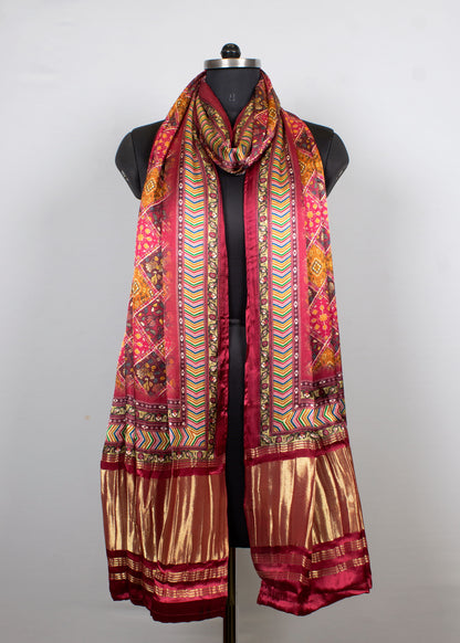 Multicolor Ethnic Motif Digital Printed Gaji Silk Dupatta with Zari Woven Lagdi Patta Border - Pure Gaji Silk Dupatta 1126 Multicolor First Image