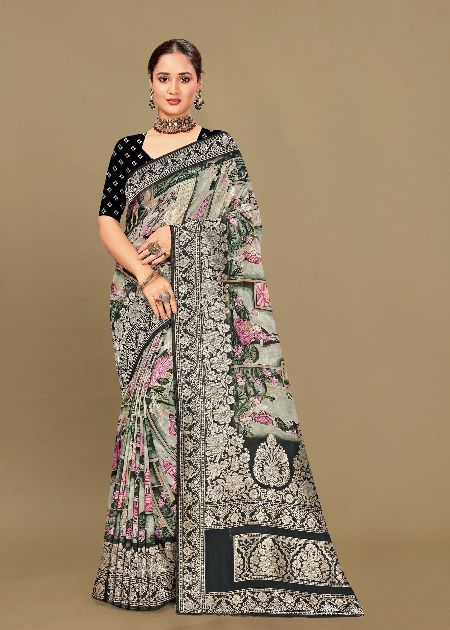 Multicolor Georgette Saree with Ethnic Digital Prints, Elegant Zari Woven Borders, and Butta