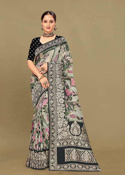 Multicolor Georgette Saree with Ethnic Digital Prints, Elegant Zari Woven Borders, and Butta
