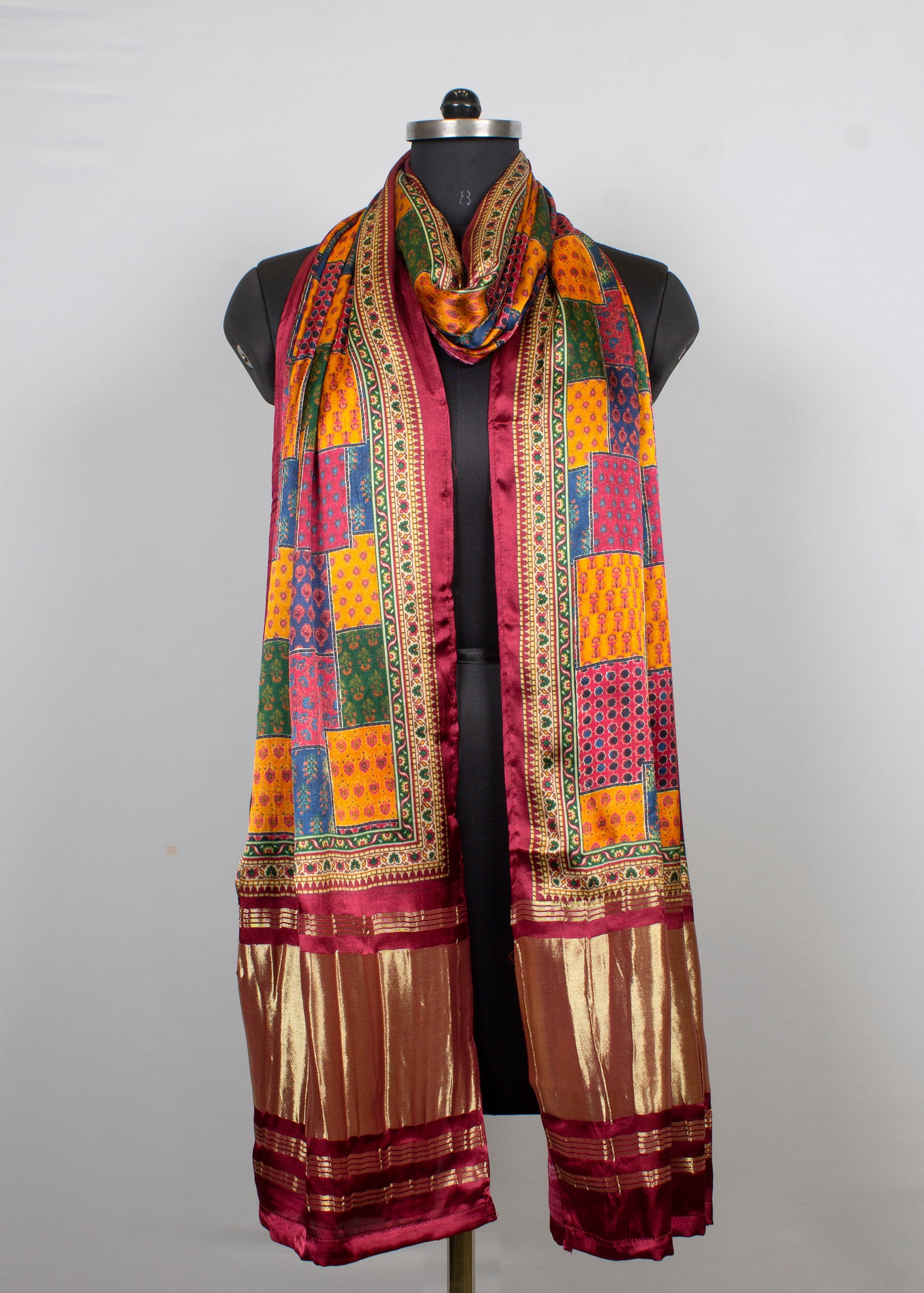 Multicolor Gharchola Digital Printed Pure Gaji Silk Lagdi Patta Dupatta with Zari Border - Pure Gaji Silk Dupatta 1123 Multicolor Pose 1