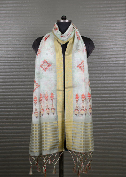 Multicolor Hard Linen Dupatta with Abstract Digital Prints, Zari Woven Border, and Tassel Accents - Hard Linen 2109 Multicolor First Image