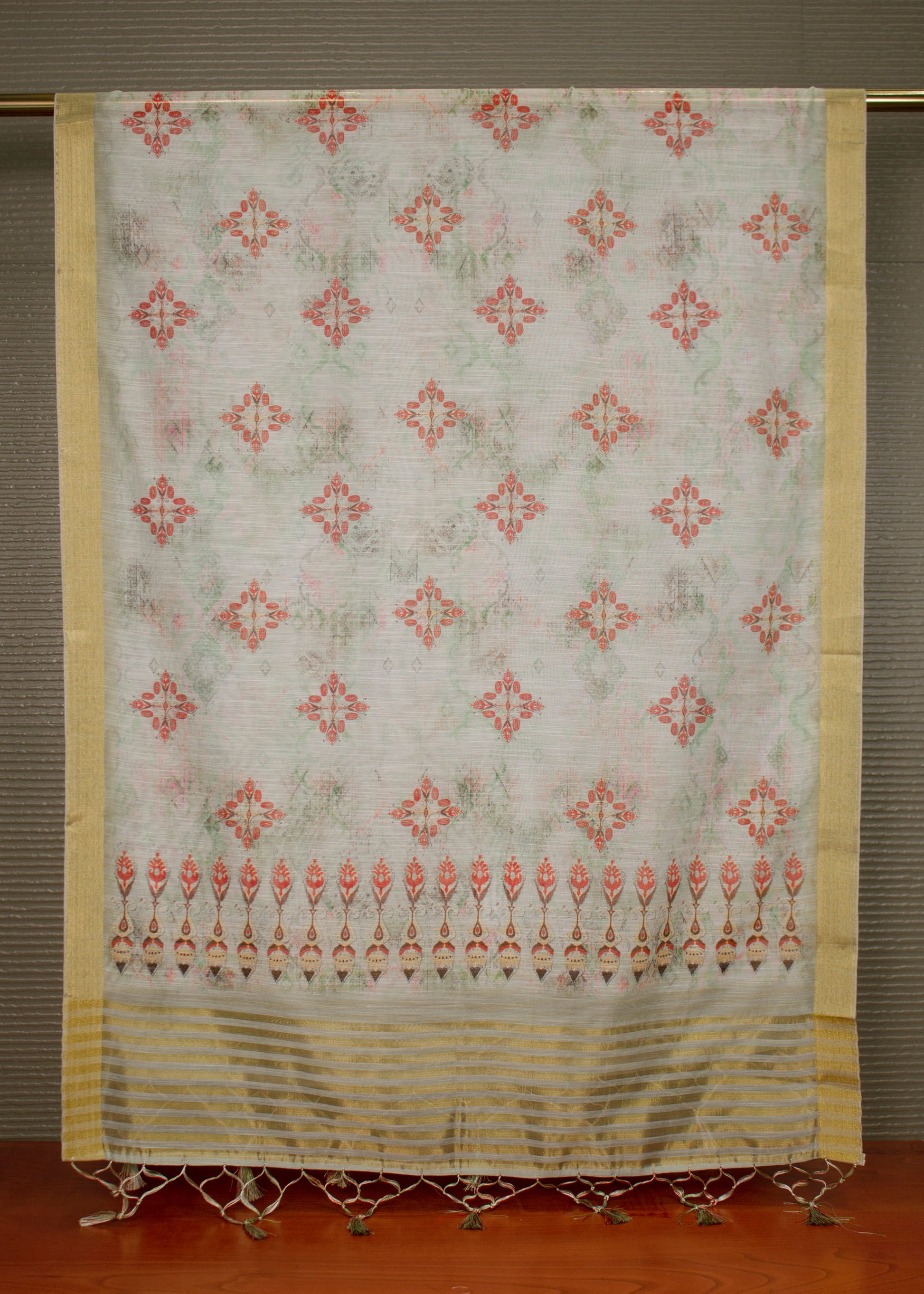 Multicolor Hard Linen Dupatta with Abstract Digital Prints, Zari Woven Border, and Tassel Accents - Hard Linen 2109 Multicolor Second Image