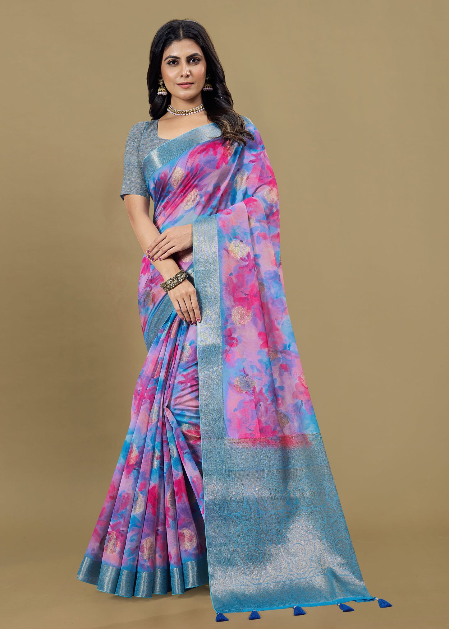 Multicolor Organza Saree with Artistic Abstract Patterns, Rich Zari Weave Border and Butta - Cyclone Silk 93038 Multicolor Front View