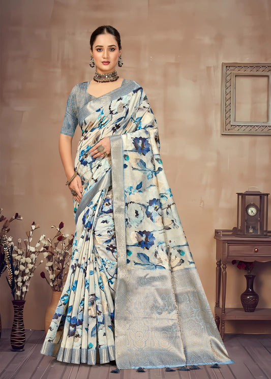 Multicolor Organza Saree with Floral Designs, Gleaming Zari Borders and Butta Work - Cyclone Silk 93086 Multicolor Image 1