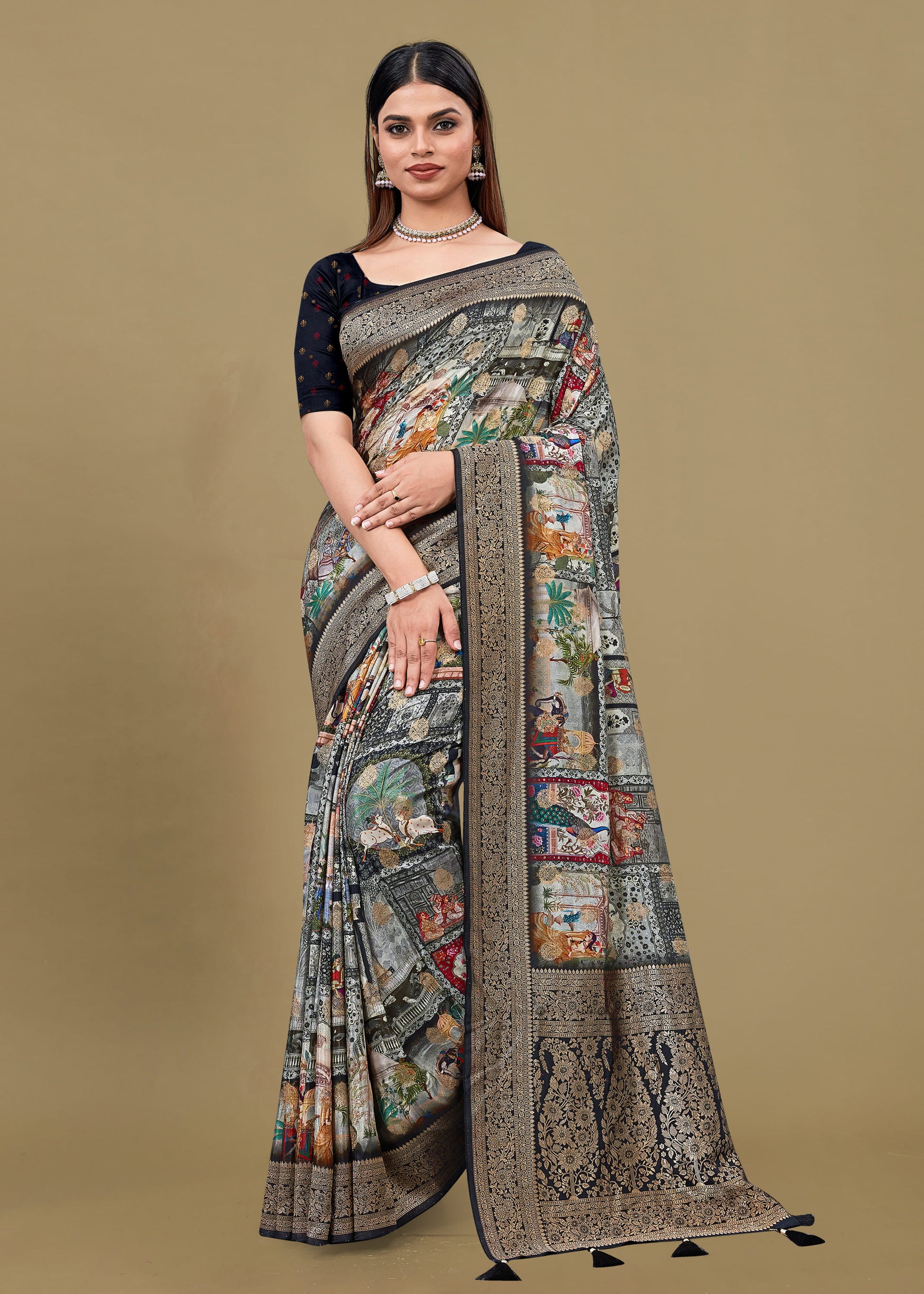 Multicolor Pure Satin Silk Saree with Artistic Ethnic Motif Prints and Radiant Zari Details - Fiesta Silk 70083 Multicolor Front View