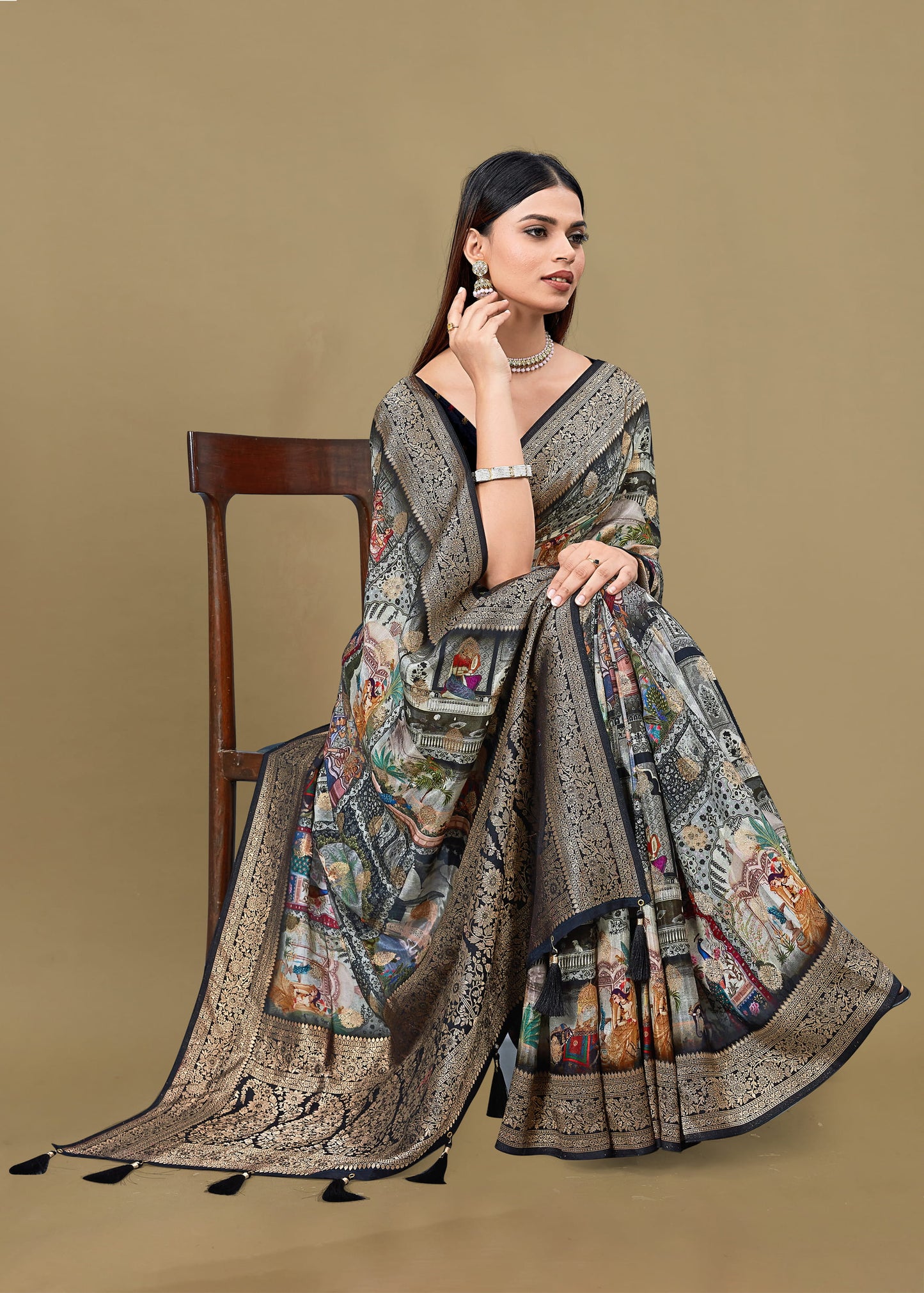 Multicolor Pure Satin Silk Saree with Artistic Ethnic Motif Prints and Radiant Zari Details - Fiesta Silk 70083 Multicolor Side View