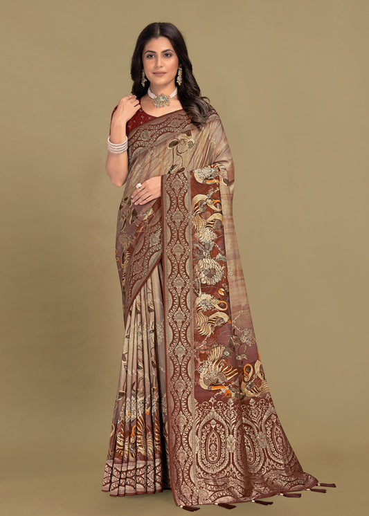 Multicolor Pure Tussar Silk Saree Adorned with Kalamkari Digital Prints, Zari Woven Border, Butta, and Graceful Tassels - Spider Silk 5521 Multicolor Front View