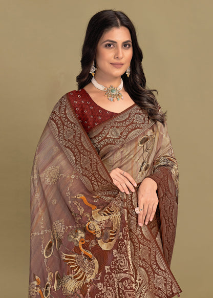 Multicolor Pure Tussar Silk Saree Adorned with Kalamkari Digital Prints, Zari Woven Border, Butta, and Graceful Tassels - Spider Silk 5521 Multicolor Side View