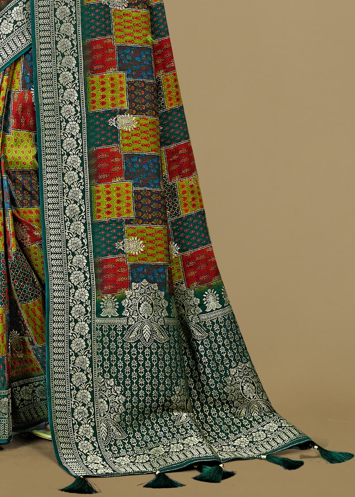 Multicolor Pure Tussar Silk Saree Featuring Timeless Ethnic Prints, Intricate Zari Border, and Buta Work - Spider Silk 5550 Multicolor 3