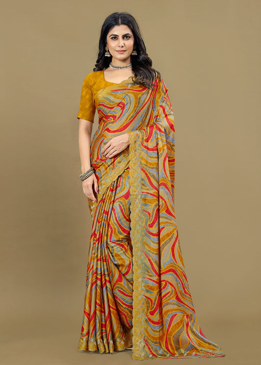 Multicolor Silk Georgette Saree with Ethnic Motifs Print, Embroidery, and Cutwork Border - Rupam Prints 91025-B Multicolor Modeling 1