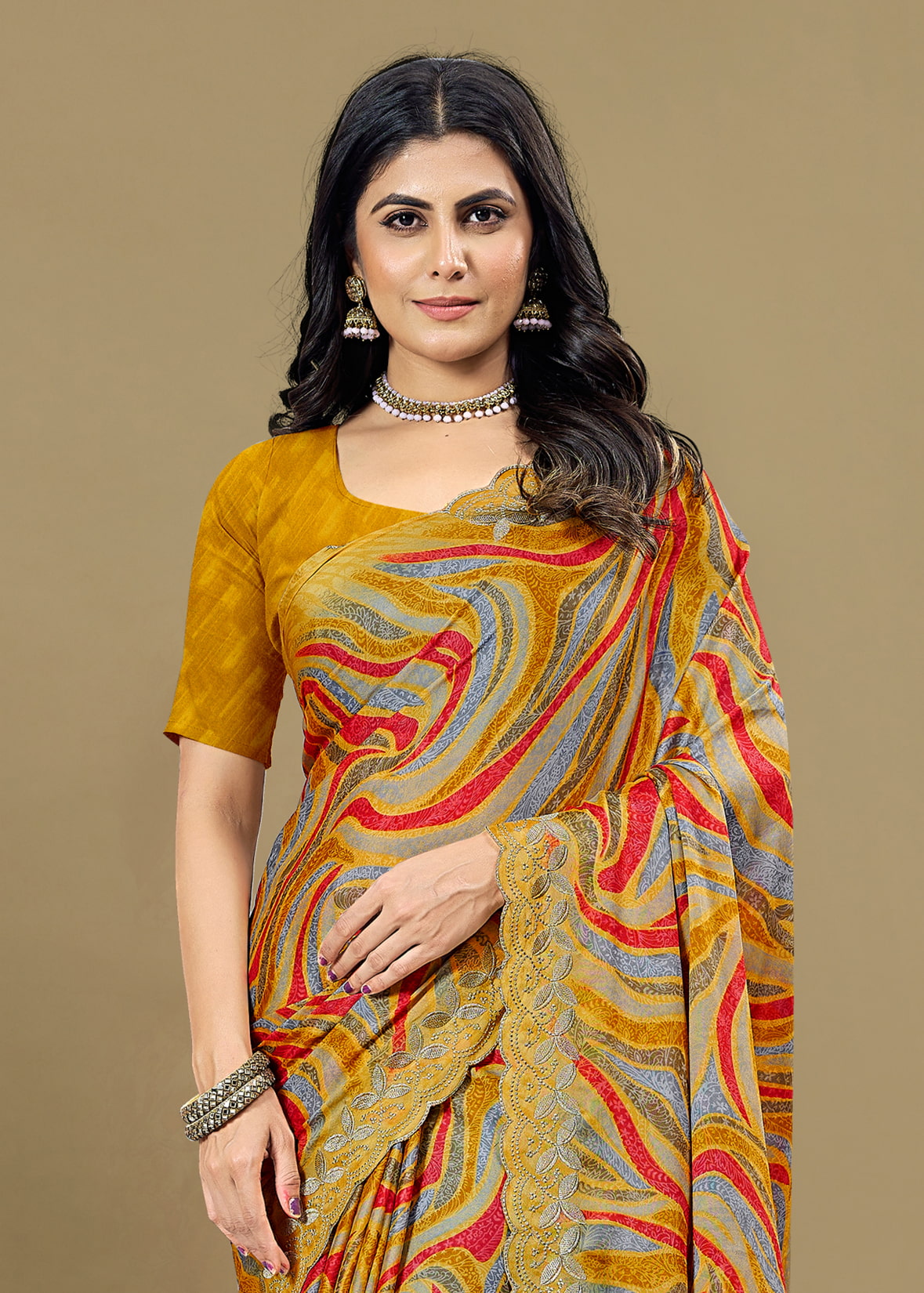 Multicolor Silk Georgette Saree with Ethnic Motifs Print, Embroidery, and Cutwork Border - Rupam Prints 91025-B Multicolor Modeling 3