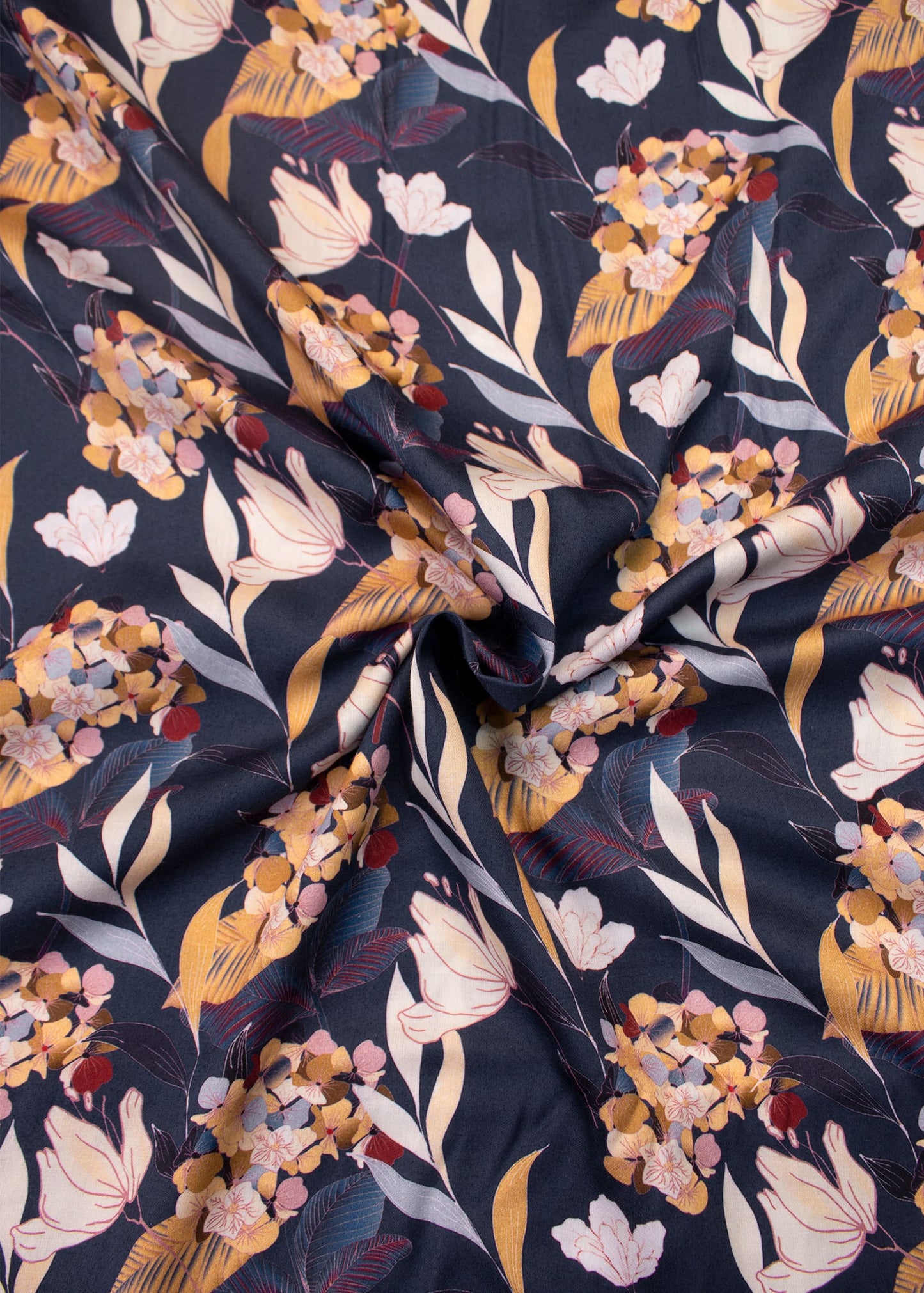 Navy Blue Color Digital Floral Print Pure Cotton Satin Fabric - Pure Cotton Satin D.No. 1701 Navy Blue Front Image 1