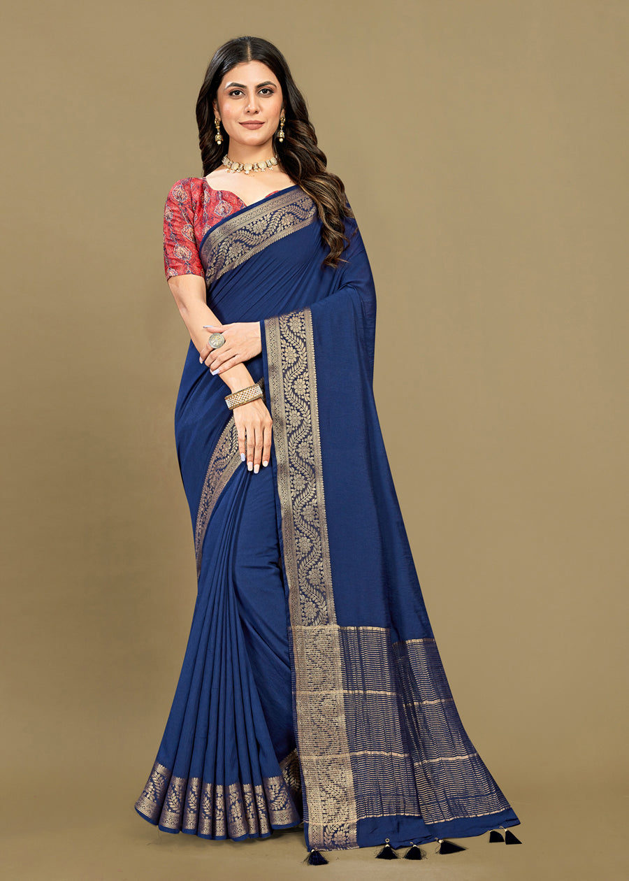 Navy Blue Dyed Fine Silk Saree with Woven Zari Border and Printed Aari Work Blouse - Fine Silk D.No. 44017 Navy Blue 1