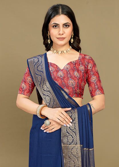 Navy Blue Dyed Fine Silk Saree with Woven Zari Border and Printed Aari Work Blouse - Fine Silk D.No. 44017 Navy Blue 2