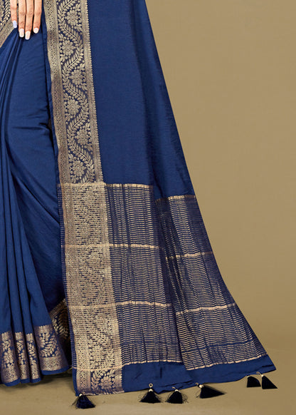 Navy Blue Dyed Fine Silk Saree with Woven Zari Border and Printed Aari Work Blouse - Fine Silk D.No. 44017 Navy Blue 3