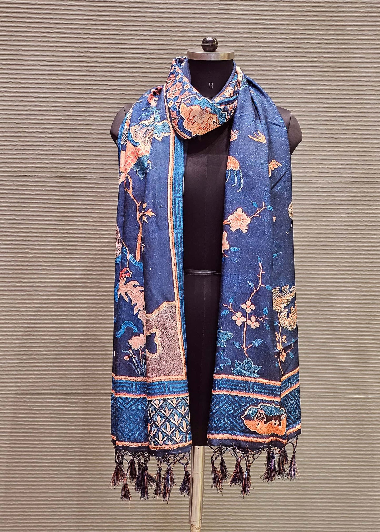 Navy Blue Pashmina Dupatta Wth Kalamkari Digital Print - Pashmina Dupatta D. No. 3105 Navy Blue Front View Image