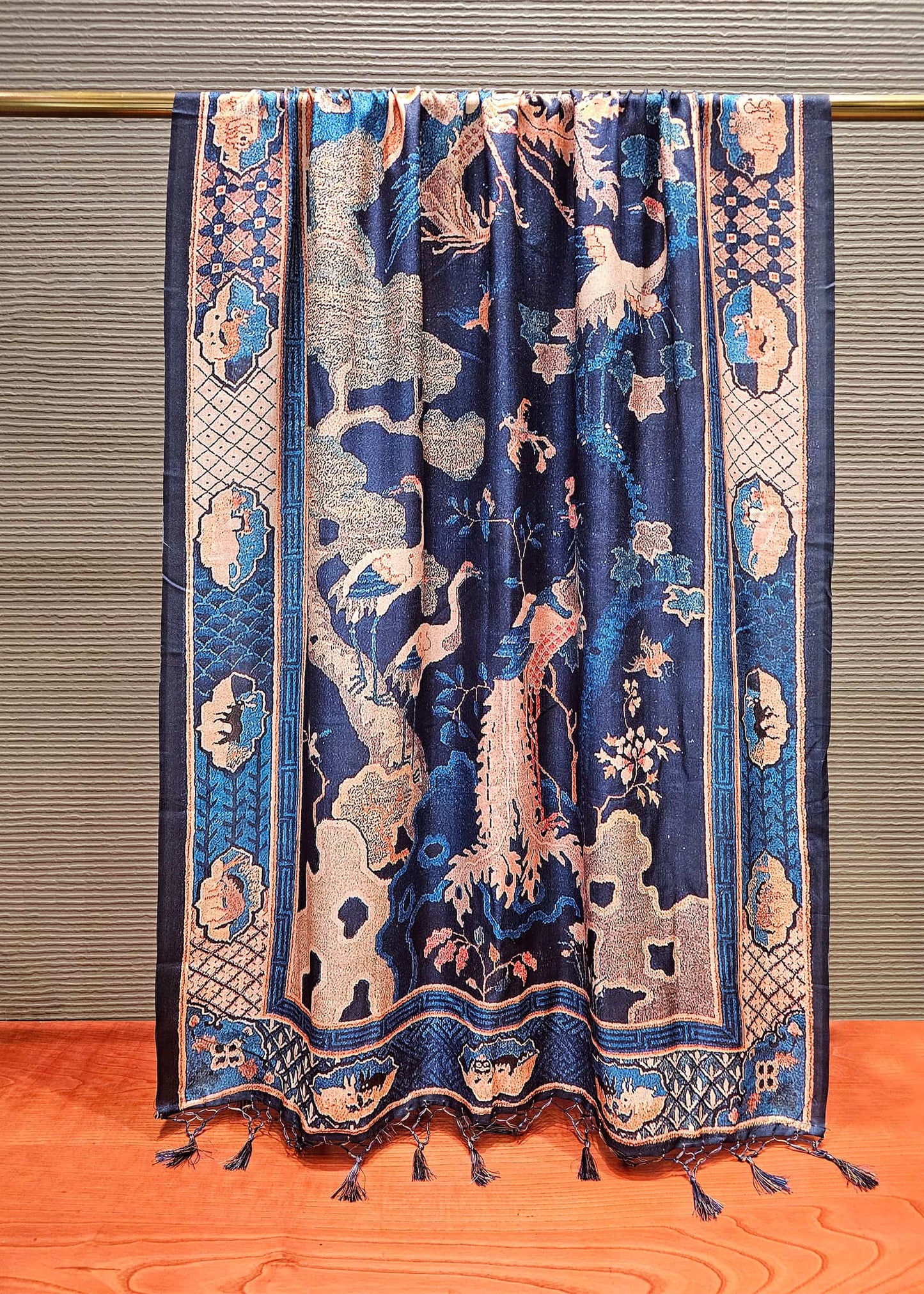 Navy Blue Pashmina Dupatta Wth Kalamkari Digital Print - Pashmina Dupatta D. No. 3105 Navy Blue Full View Image