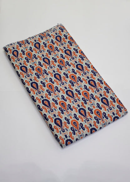 Navy Blue and Orange Paisley Design Printed on off White Cotton  Fabric - Cotton Fabric D.No. 3026 Off White Side Image View