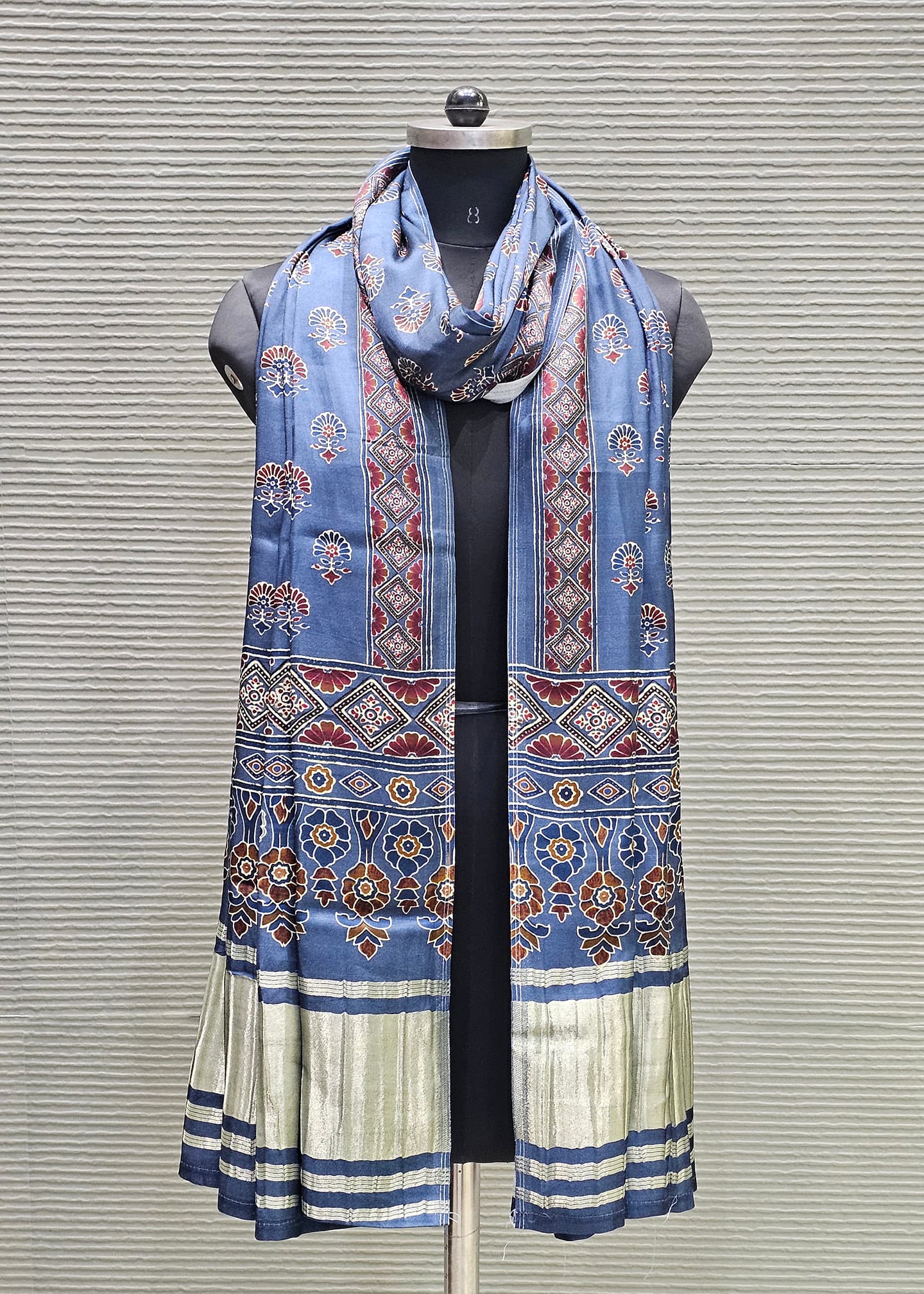 Navy Blue Ajrakh Digital Printed Gaji Silk Dupatta with Zari Weave Border Image 1