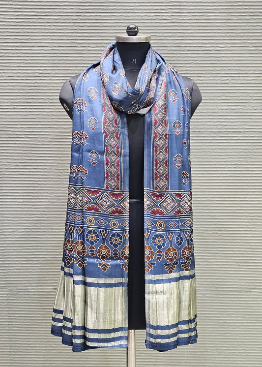 Navy Blue Ajrakh Digital Printed Gaji Silk Dupatta with Zari Weave Border Image 1