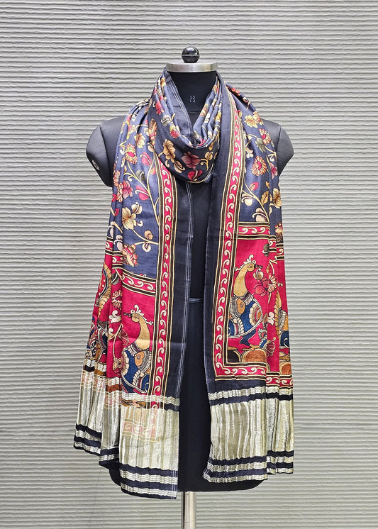 Navy Blue Kalamkari Digital Printed Gaji Silk Dupatta with Zari Weave Border Image 1