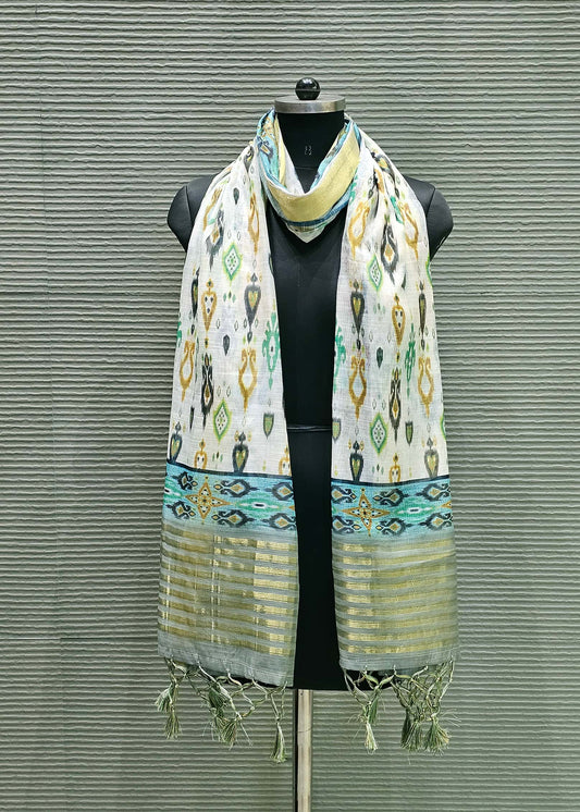 Off White Batik Printed Zari Woven Border Linen Dupatta  - Linen Dupatta D. No. 2102 Off White Front View Image