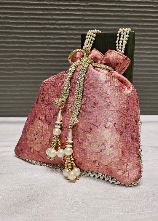 Onion Pink Digital Printed Zari Woven Art Silk Ethnic Potli Bag with Pearl String Handle - Potli Bag D.No.06 P65 Onion Pink Full View Image