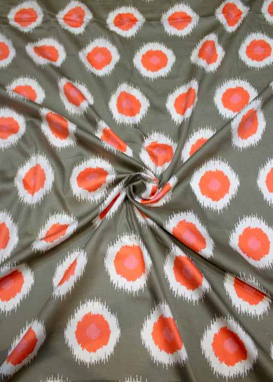 Orange Ikat Polka Dot Design Printed on light Brown Cotton Fabric - Cotton Fabric D.No. 3016 Light Brown Image 1