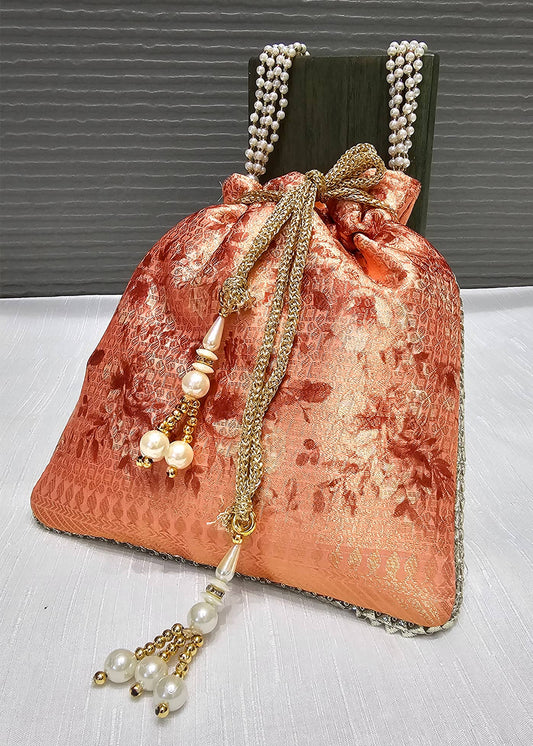 Orange Zari Woven Art Silk Digital Printed Ethnic Potli Bag with Pearl String Handle - Potli D.No.01 P12 Orange Front View Image