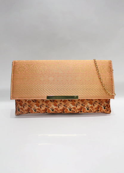 Orange Zari Woven Art Silk Floral Printed Clutch with Golden Sling - Clutch D. No. 04 P21 Orange Full View Image