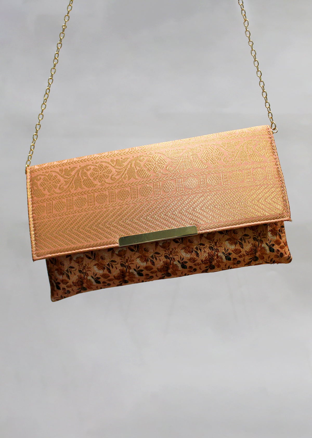 Orange Zari Woven Art Silk Floral Printed Clutch with Golden Sling - Clutch D. No. 04 P21 Orange Second View Image