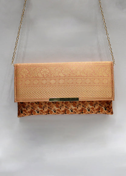 Orange Zari Woven Art Silk Floral Printed Clutch with Golden Sling - Clutch D. No. 04 P21 Orange Zoom View Image