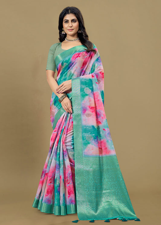 Organza Multicolor Saree with Abstract Motifs, Luxurious Zari Weaving Border and Rich Pallu - Cyclone Silk 93041 Multicolor View 1