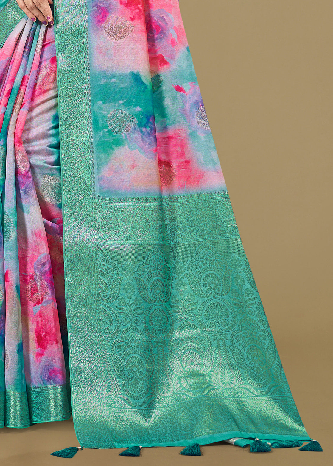 Organza Multicolor Saree with Abstract Motifs, Luxurious Zari Weaving Border and Rich Pallu - Cyclone Silk 93041 Multicolor View 4