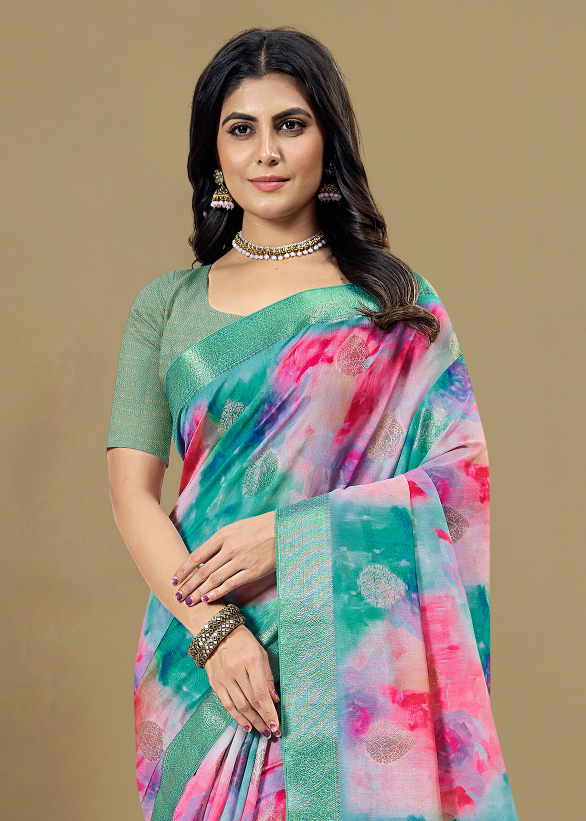 Organza Multicolor Saree with Abstract Motifs, Luxurious Zari Weaving Border and Rich Pallu - Cyclone Silk 93041 Multicolor View 3