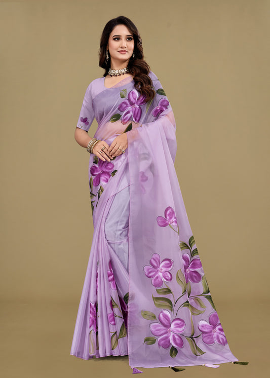 Organza Saree in Soft Purple with Hand-Painted Florals and Dazzling Crystal Work