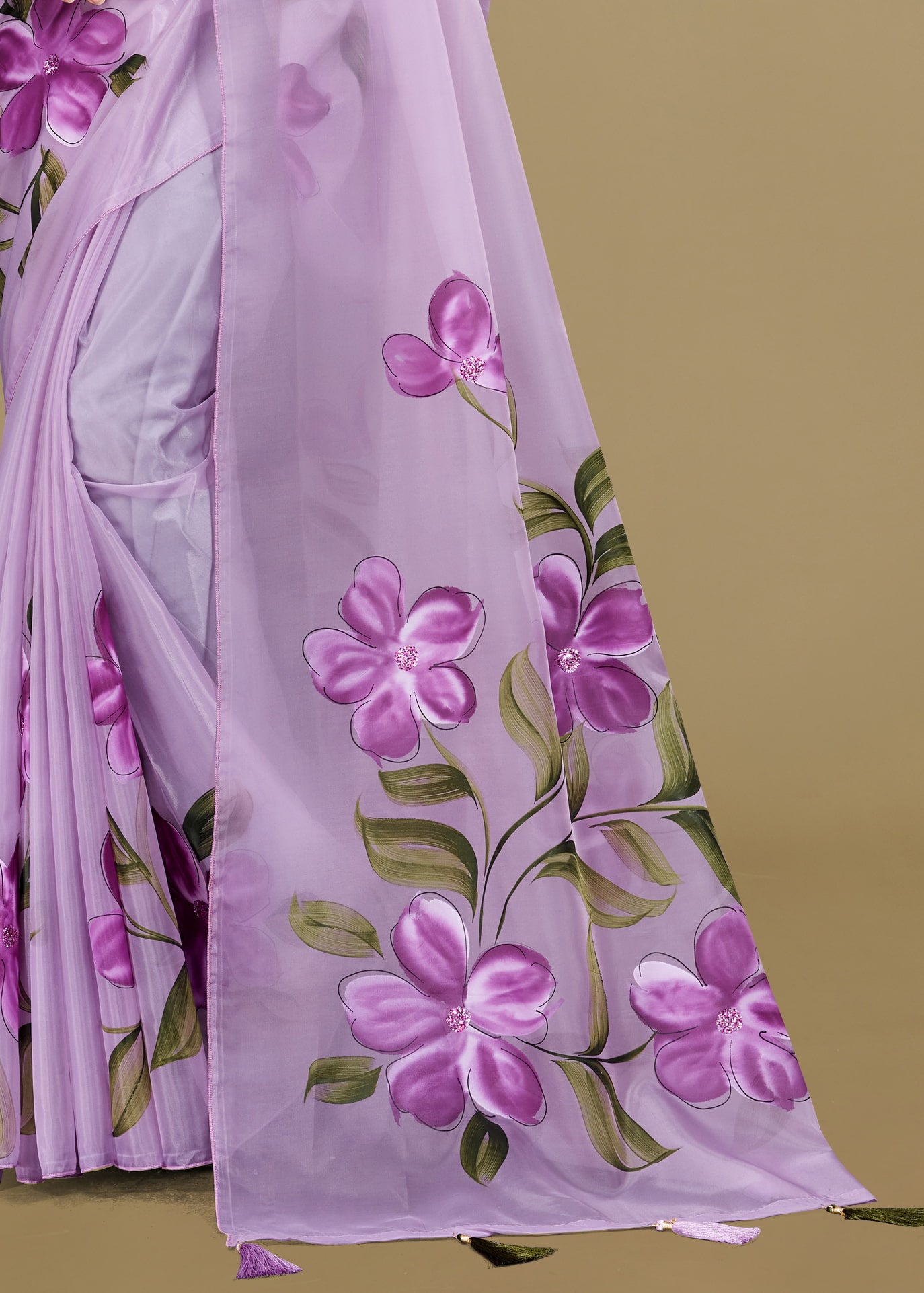 Organza Saree in Soft Purple with Hand-Painted Florals and Dazzling Crystal Work