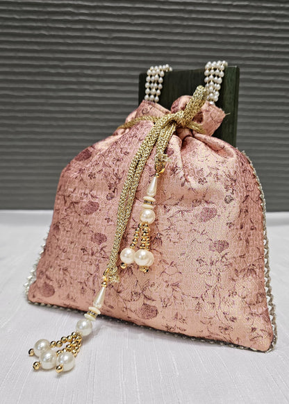 Pastel Peach Digital Printed Zari Woven Art Silk Ethnic Potli Bag with Pearl String Handle - Potli Bag D.No.07 P75 Pastel Peach Full View Image