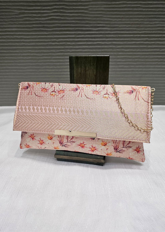 Pastel Peach Zari Woven Art Silk  Clutch with golden Sling 1 - Clutch D.No.01 P9 Full image