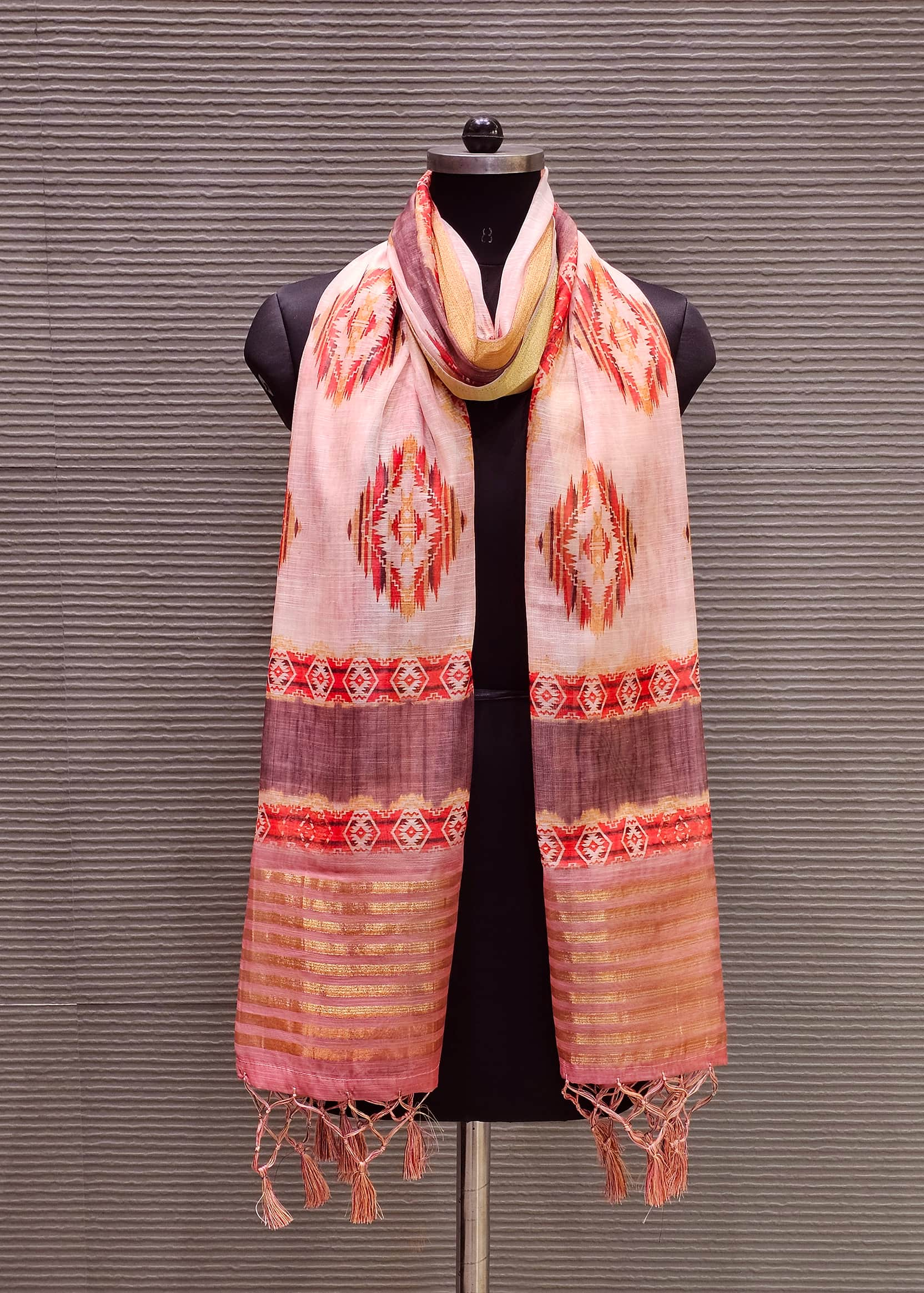 Peach Batik Printed Zari Woven Border Linen Dupatta  - Linen Dupatta D. No. 2103 Peach Front View Image